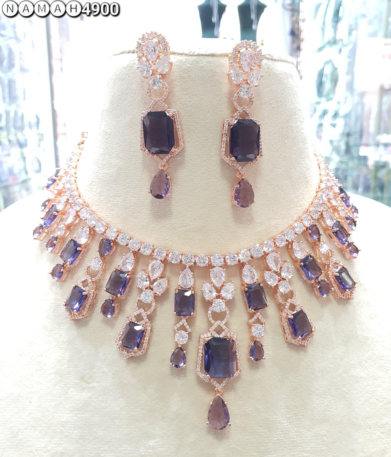 Wedding Special American Diamond Antique Stone Necklace with Earrings Jewellery
