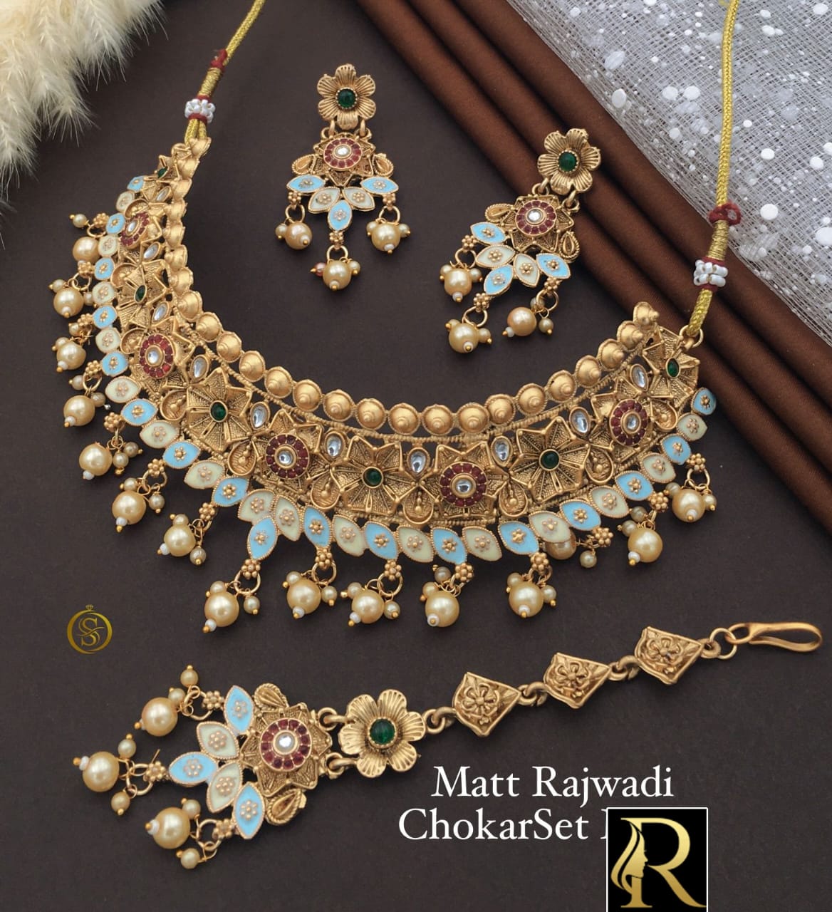 Designer Superhit Brass High Gold Diamond and Stone Mett Necklace Set with Earrings