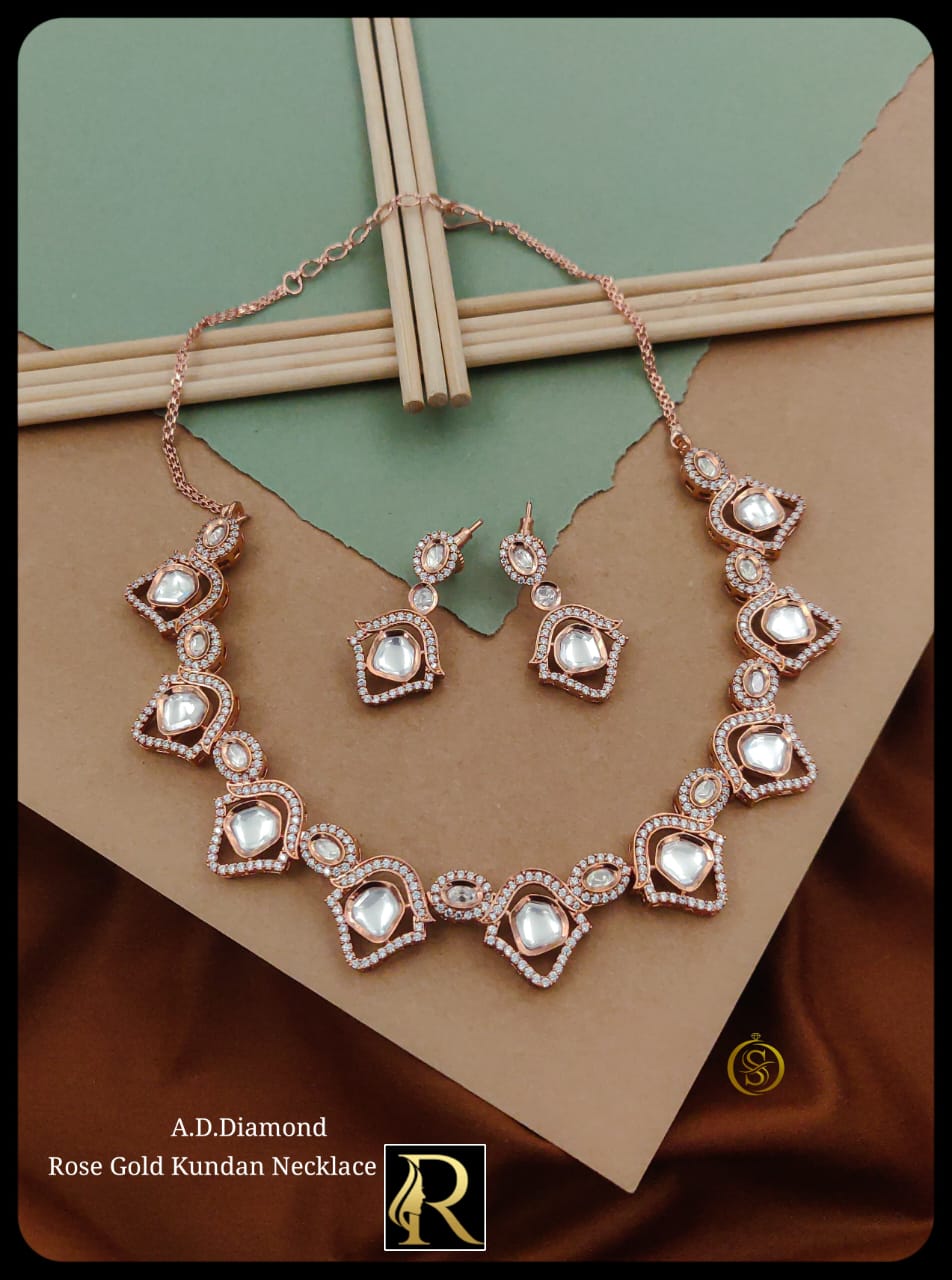 Designer Brass High Gold American Diamond Silver Golden Necklace with Earrings Jewellery Set