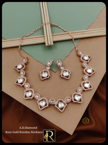 Designer Brass High Gold American Diamond Silver Golden Necklace with Earrings Jewellery Set