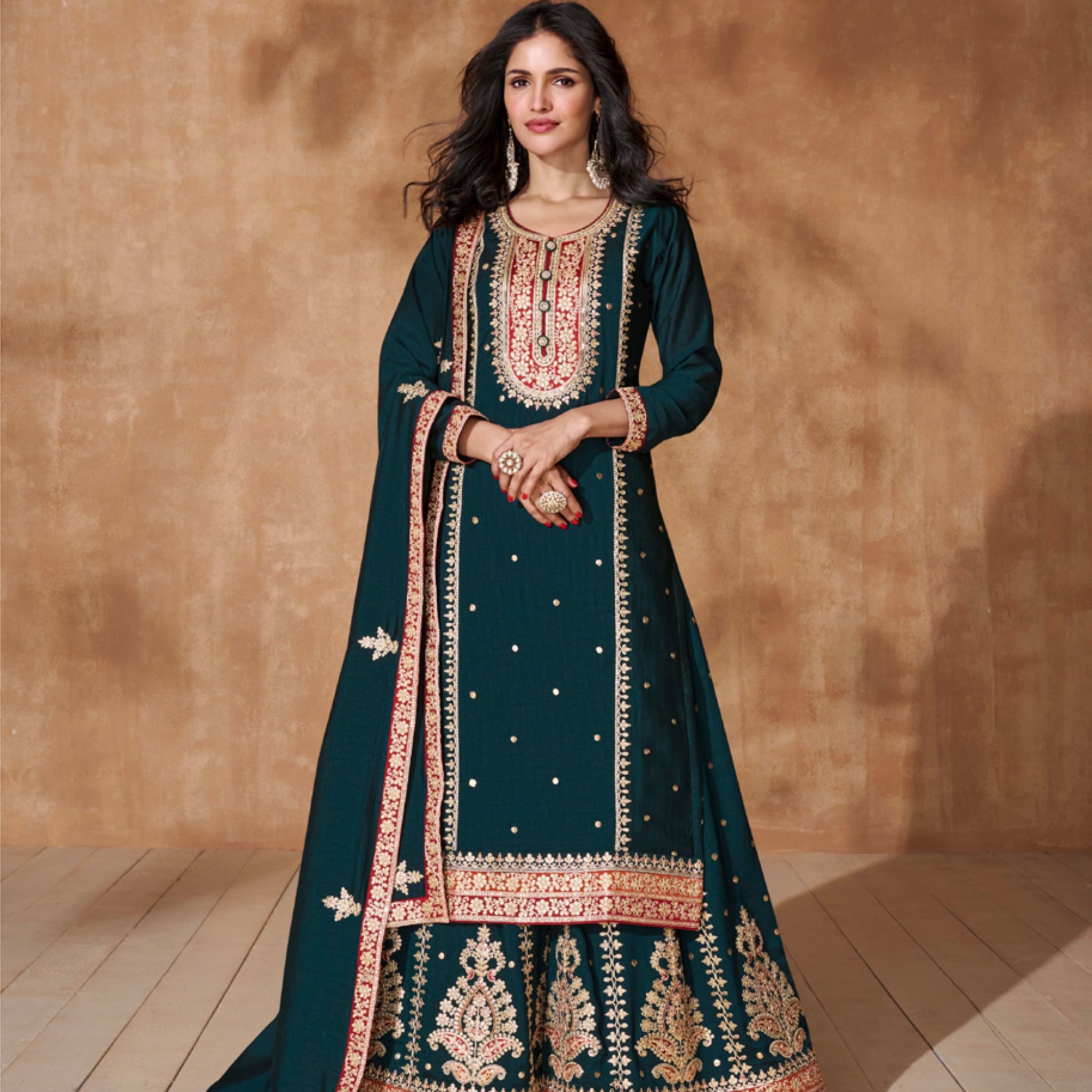 Teal Green Silk Palazzo Suit with Embroidered Dupatta