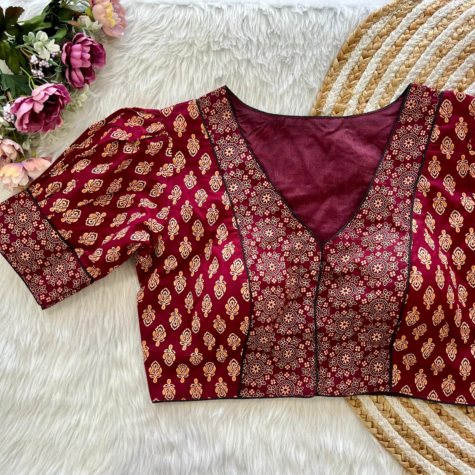 Beautiful Designer Readymade Pure Original Ajrakh Print Cotton Blouse