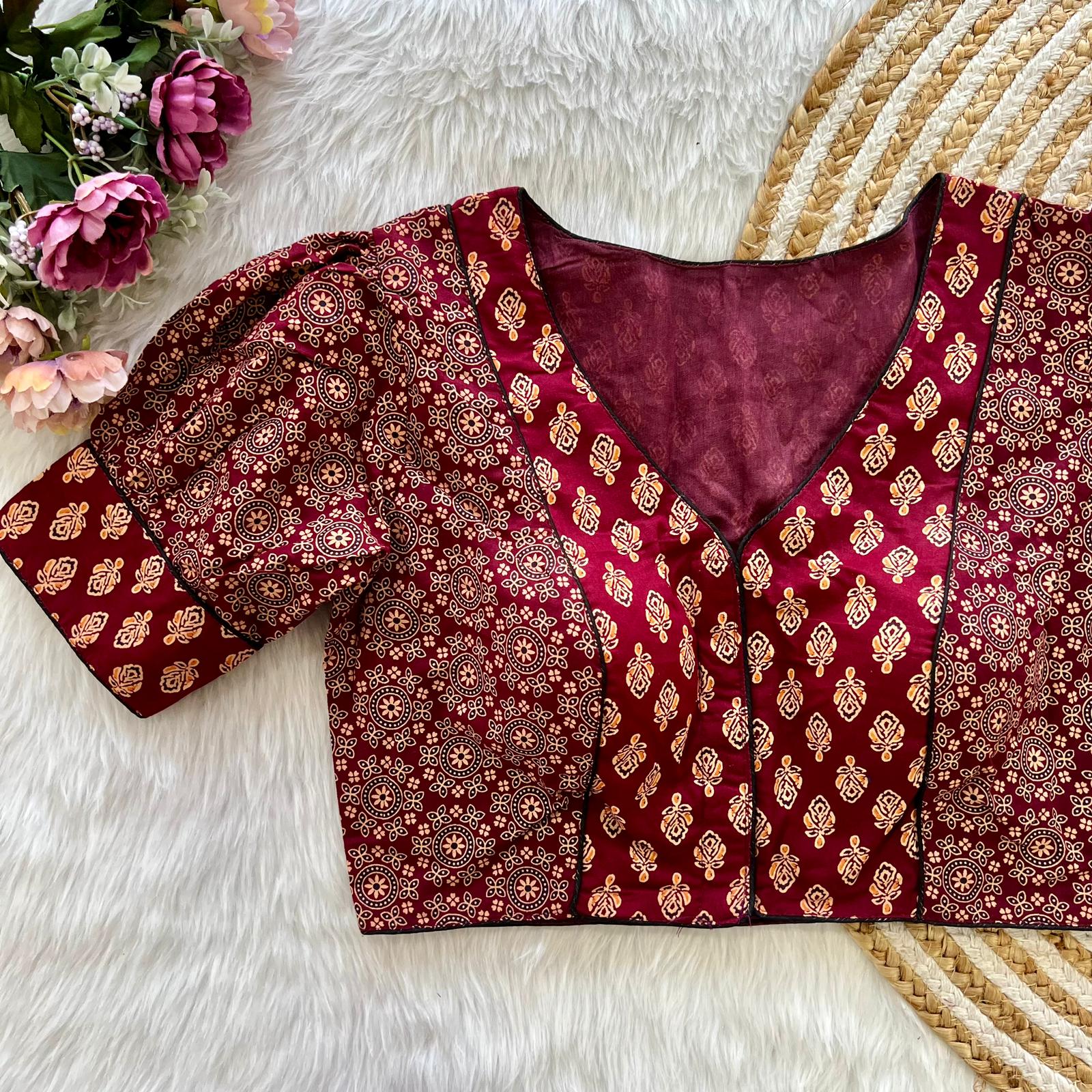 Beautiful Designer Readymade Pure Original Ajrakh Print Cotton Blouse