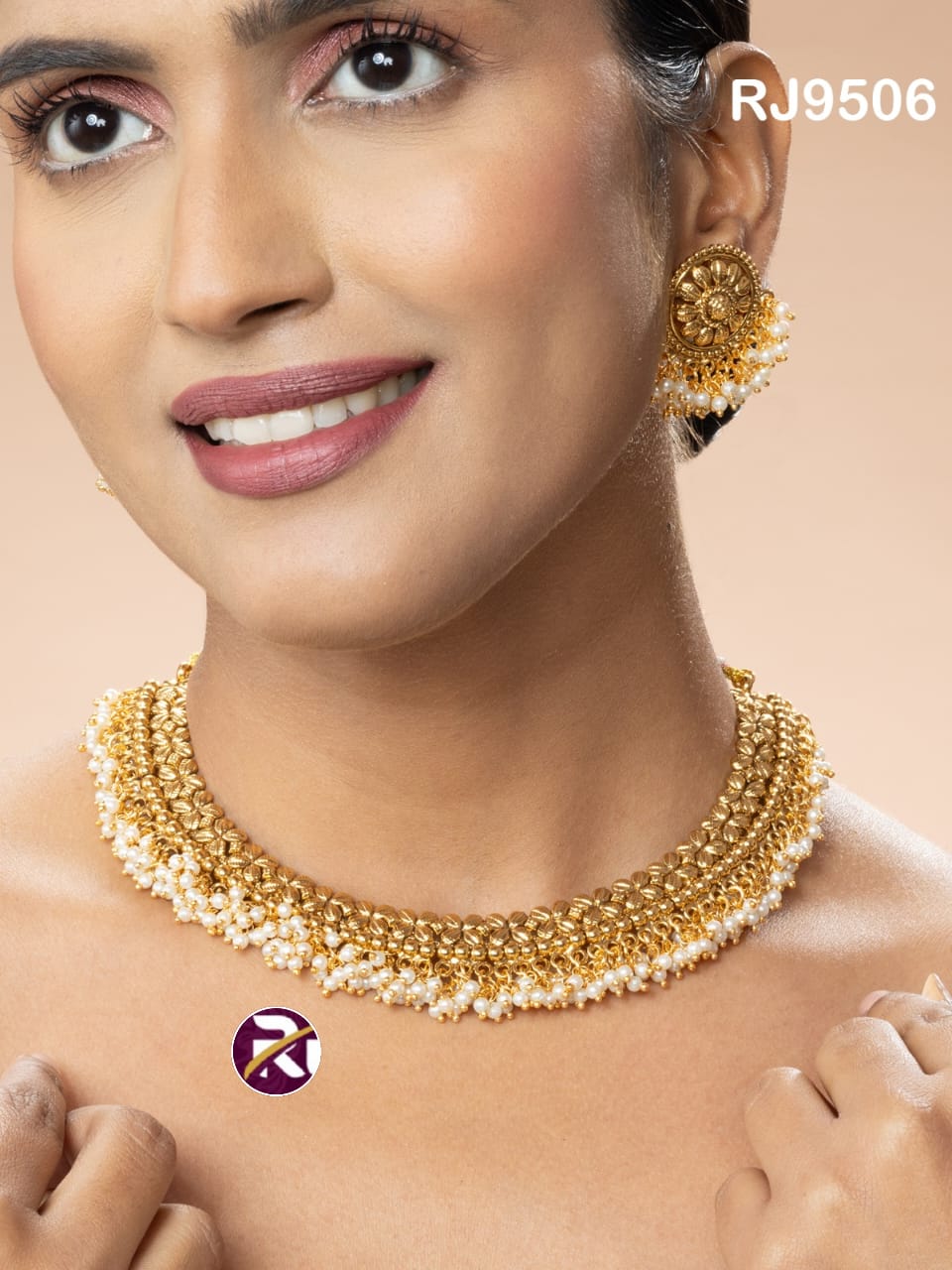Beautiful Designer High Gold Antique Rj Rajwadi Moti Choker Set with Earrings