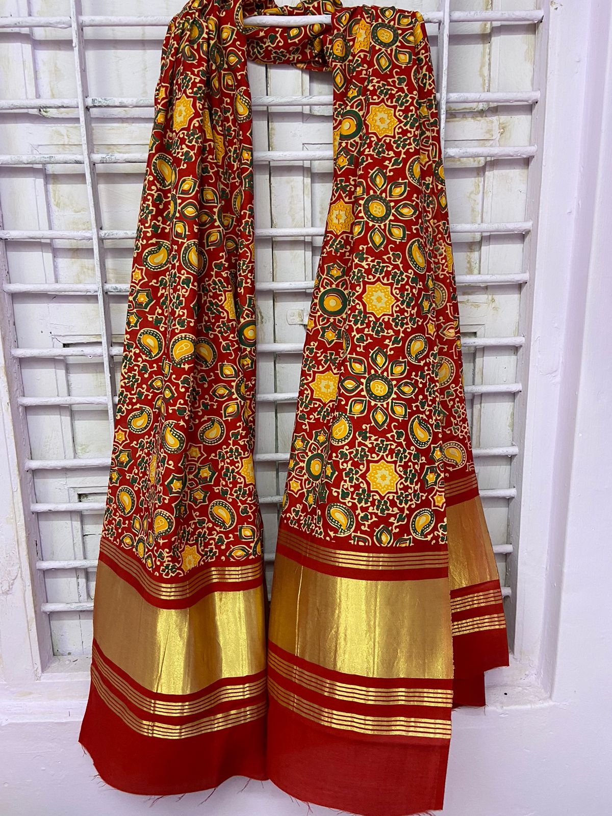 Beautiful Designer Ajrakh Print Lagddi Patta Digital Dupatta