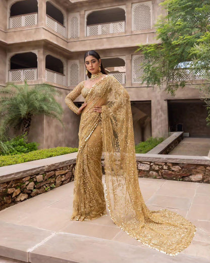 Beautiful Designer Bollywood Soft Mono Butterfly Net  Sequence Saree