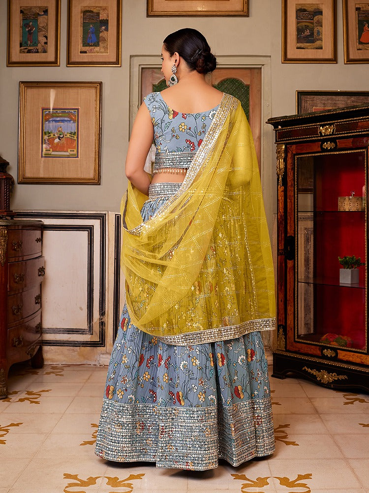 Beautiful Designer Grey Georgette Floral Printed Lehenga Choli With Yellow Dupatta