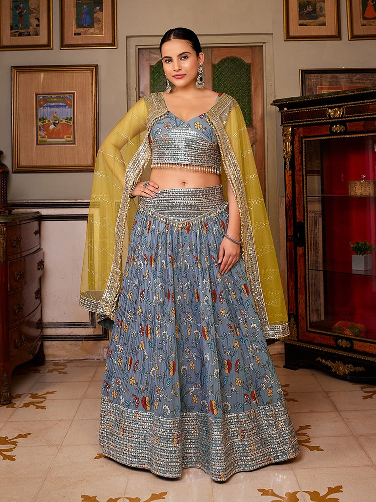 Beautiful Designer Grey Georgette Floral Printed Lehenga Choli With Yellow Dupatta