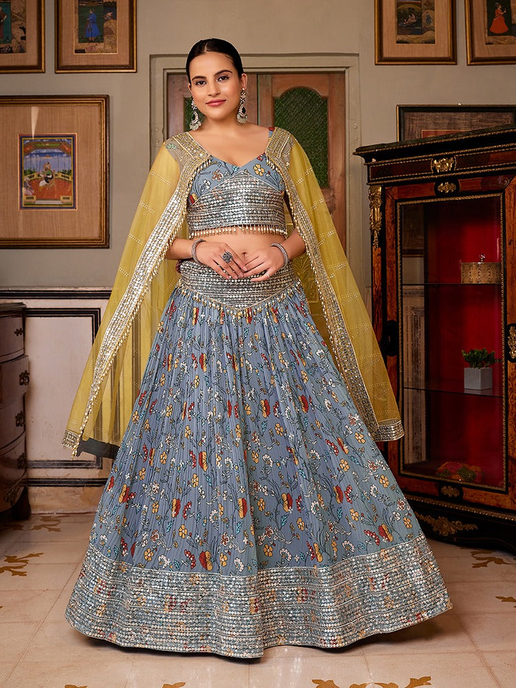Beautiful Designer Grey Georgette Floral Printed Lehenga Choli With Yellow Dupatta