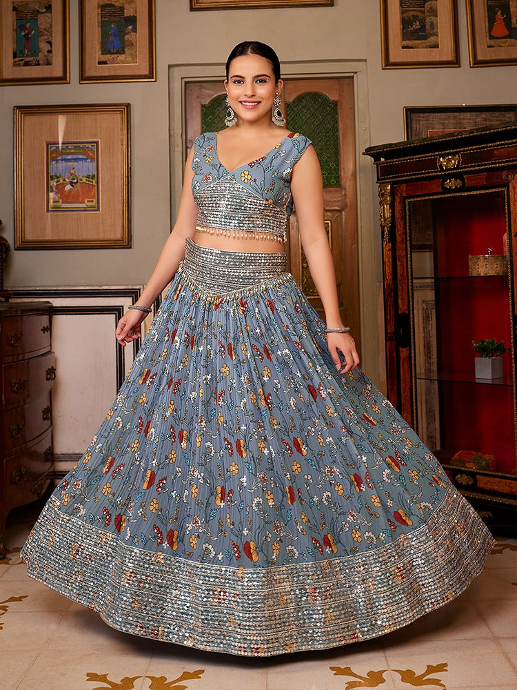 Beautiful Designer Grey Georgette Floral Printed Lehenga Choli With Yellow Dupatta