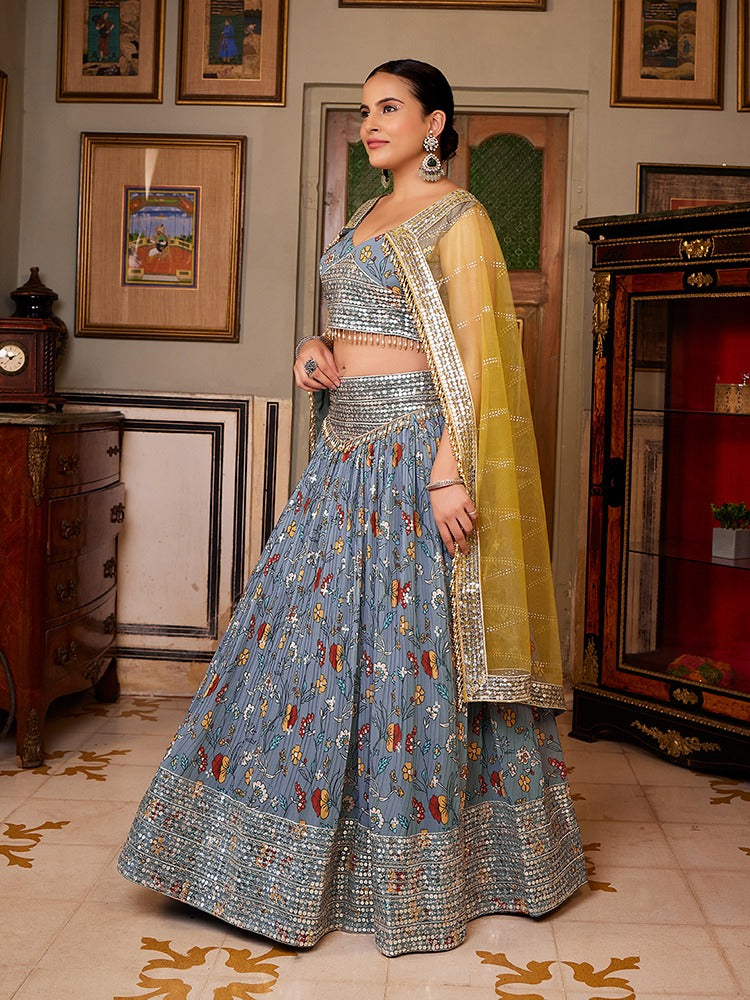 Beautiful Designer Grey Georgette Floral Printed Lehenga Choli With Yellow Dupatta