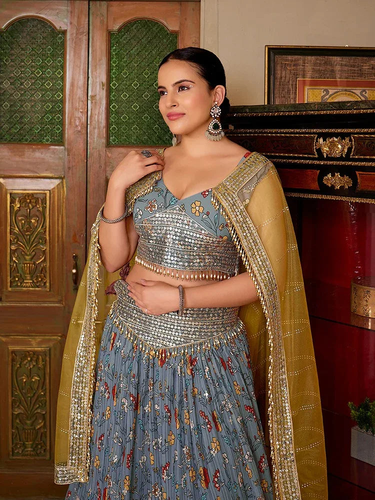 Beautiful Designer Grey Georgette Floral Printed Lehenga Choli With Yellow Dupatta
