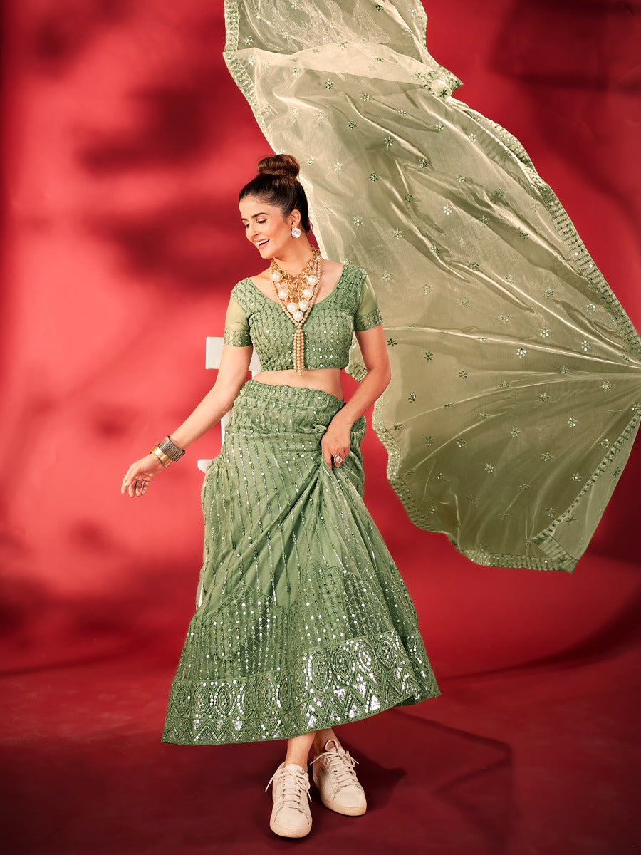 Beautiful Designer Sea Green Sequins Embroidered Net Lehenga Choli