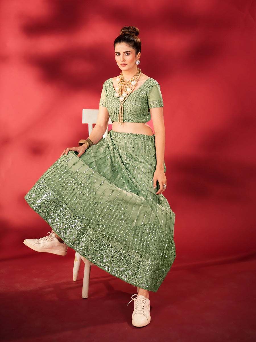 Beautiful Designer Sea Green Sequins Embroidered Net Lehenga Choli