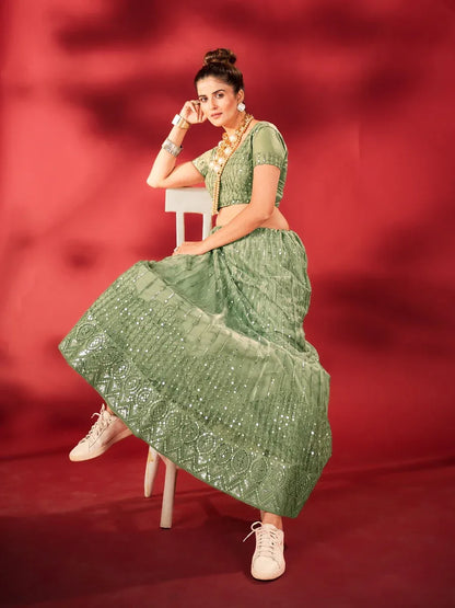 Beautiful Designer Sea Green Sequins Embroidered Net Lehenga Choli