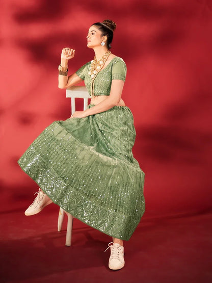 Beautiful Designer Sea Green Sequins Embroidered Net Lehenga Choli