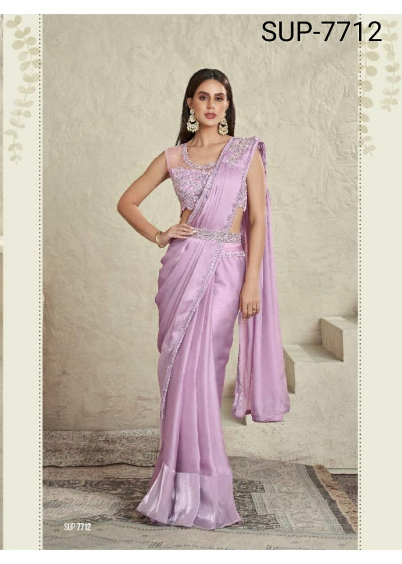 Beautiful Designer Party Wear Lavender Imported Sartin Silk Saree