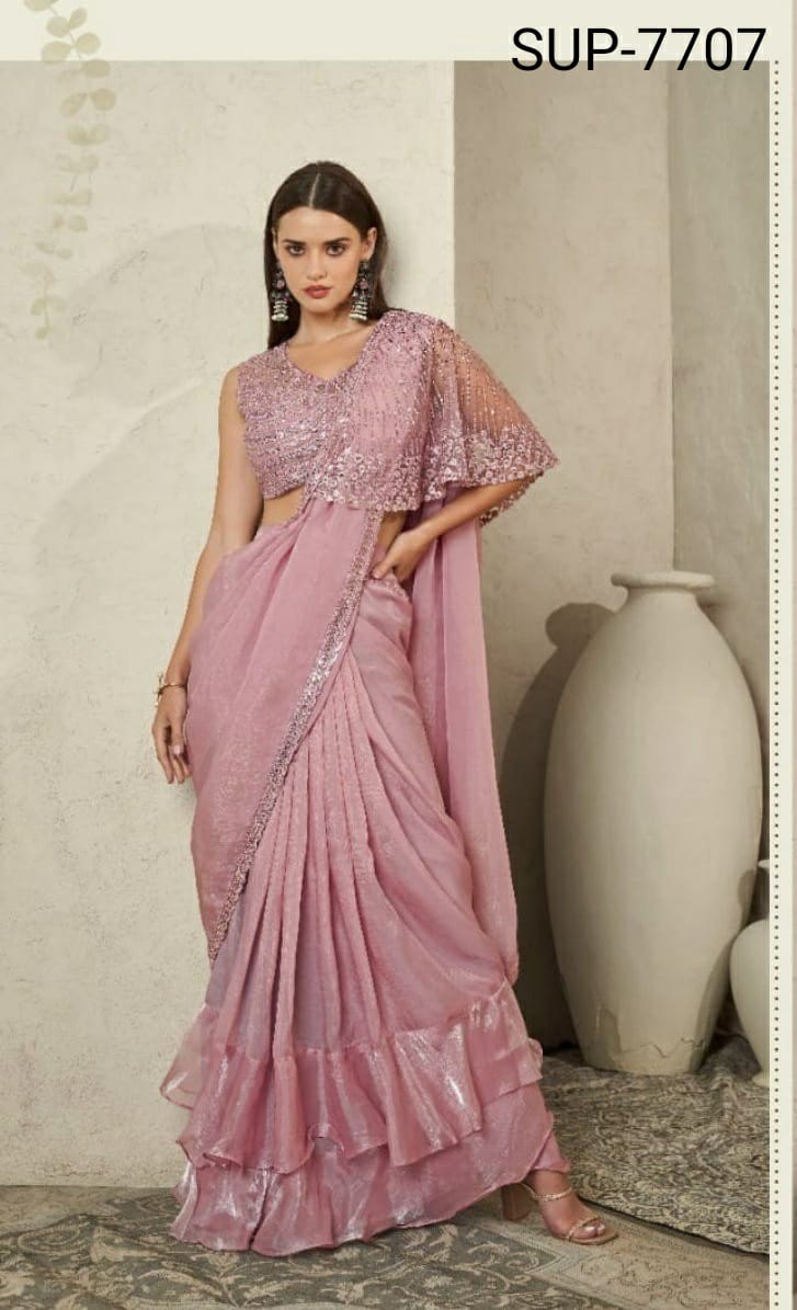 Beautiful Designer Party Wear Baby Pink Imported Satin Silk Saree