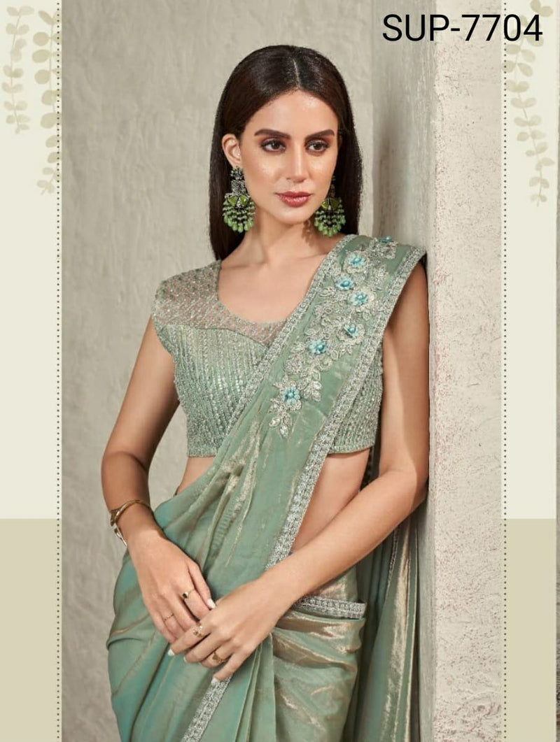 Beautiful Designer Party Wear Sky Imported Sartin Silk Saree