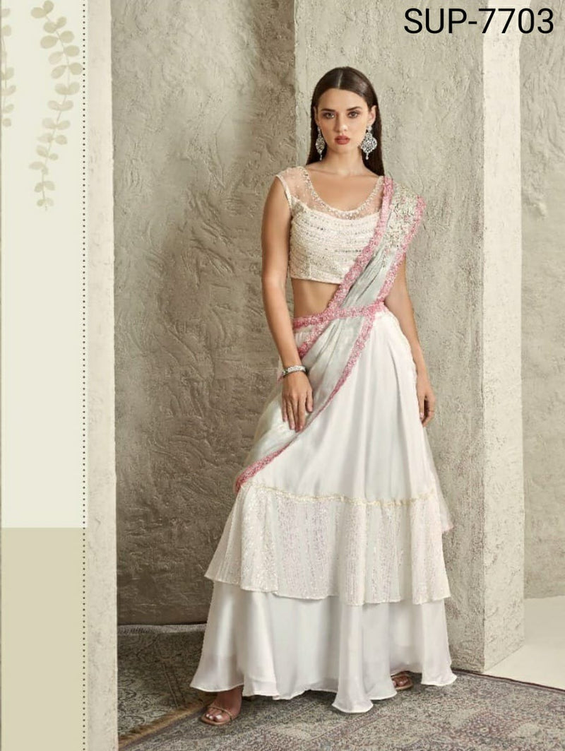 Beautiful Designer Party Wear White Imported Sartin Silk Saree