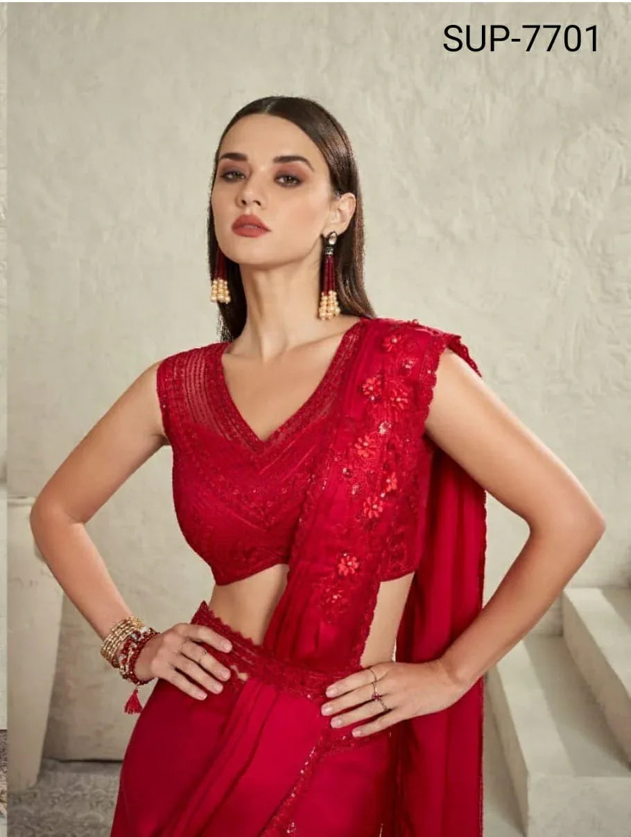 Beautiful Designer Party Wear Red Imported Sartin Silk Saree