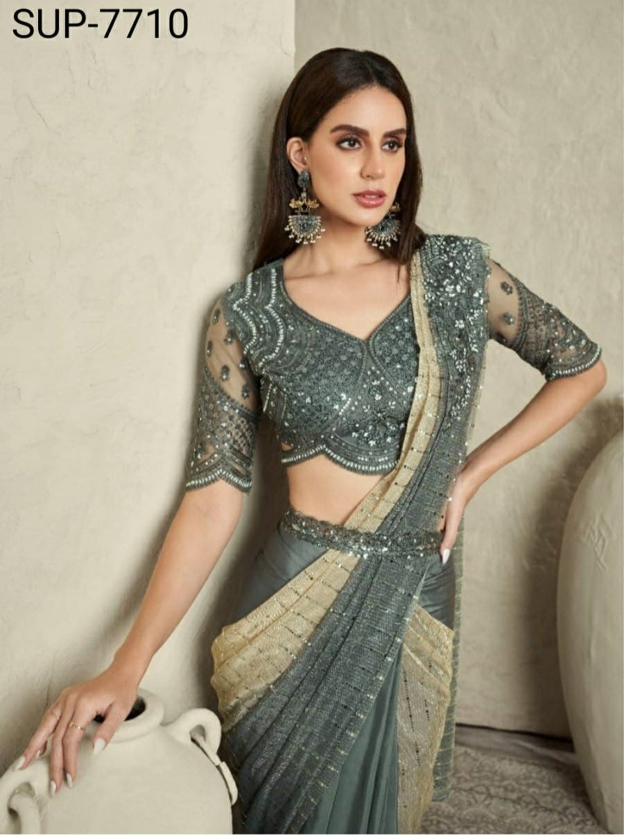 Beautiful Designer Party Wear Grey Imported Sartin Silk Saree