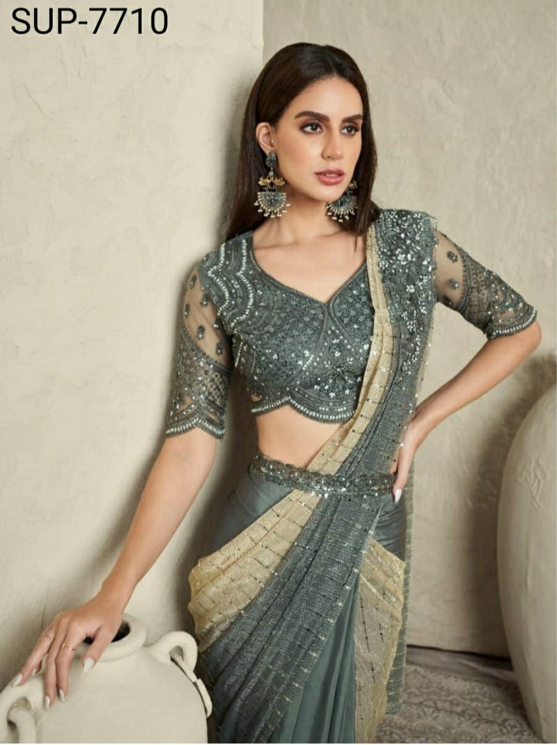 Beautiful Designer Party Wear Grey Imported Sartin Silk Saree