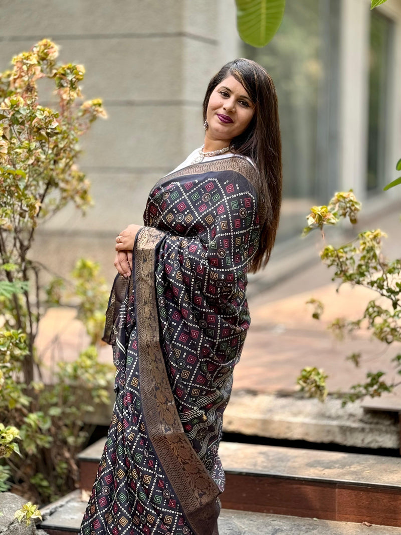 Beautiful Designer Bandhej Print Special Pure Dola Silk Saree