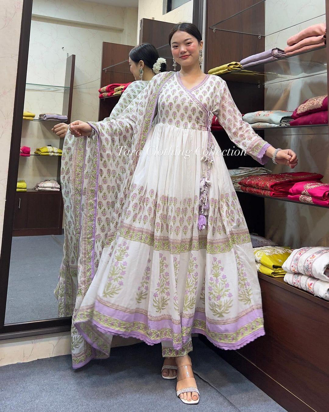 angrakha dress cutting Printed Rayon designer angrakha cum nayra cut with pant at 899/piece in Jaipur