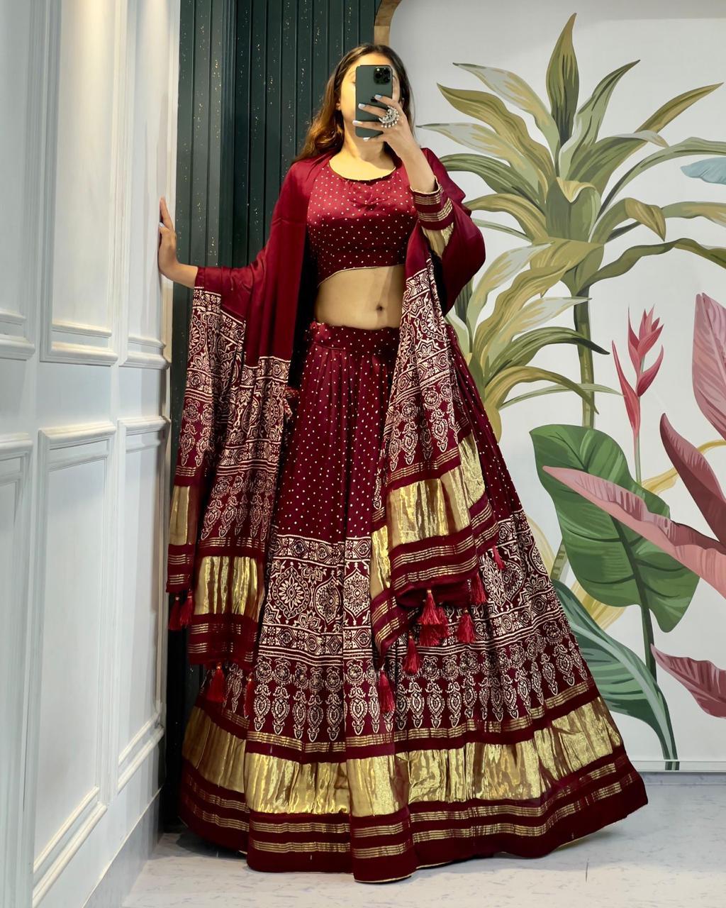 Beautiful Designer Pure Modal Ajrakh Handblock Print Gajji Silk Chaniya Choli 