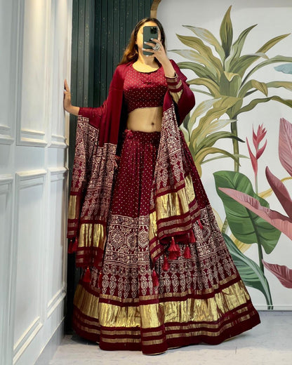 Beautiful Designer Pure Modal Ajrakh Handblock Print Gajji Silk Chaniya Choli 