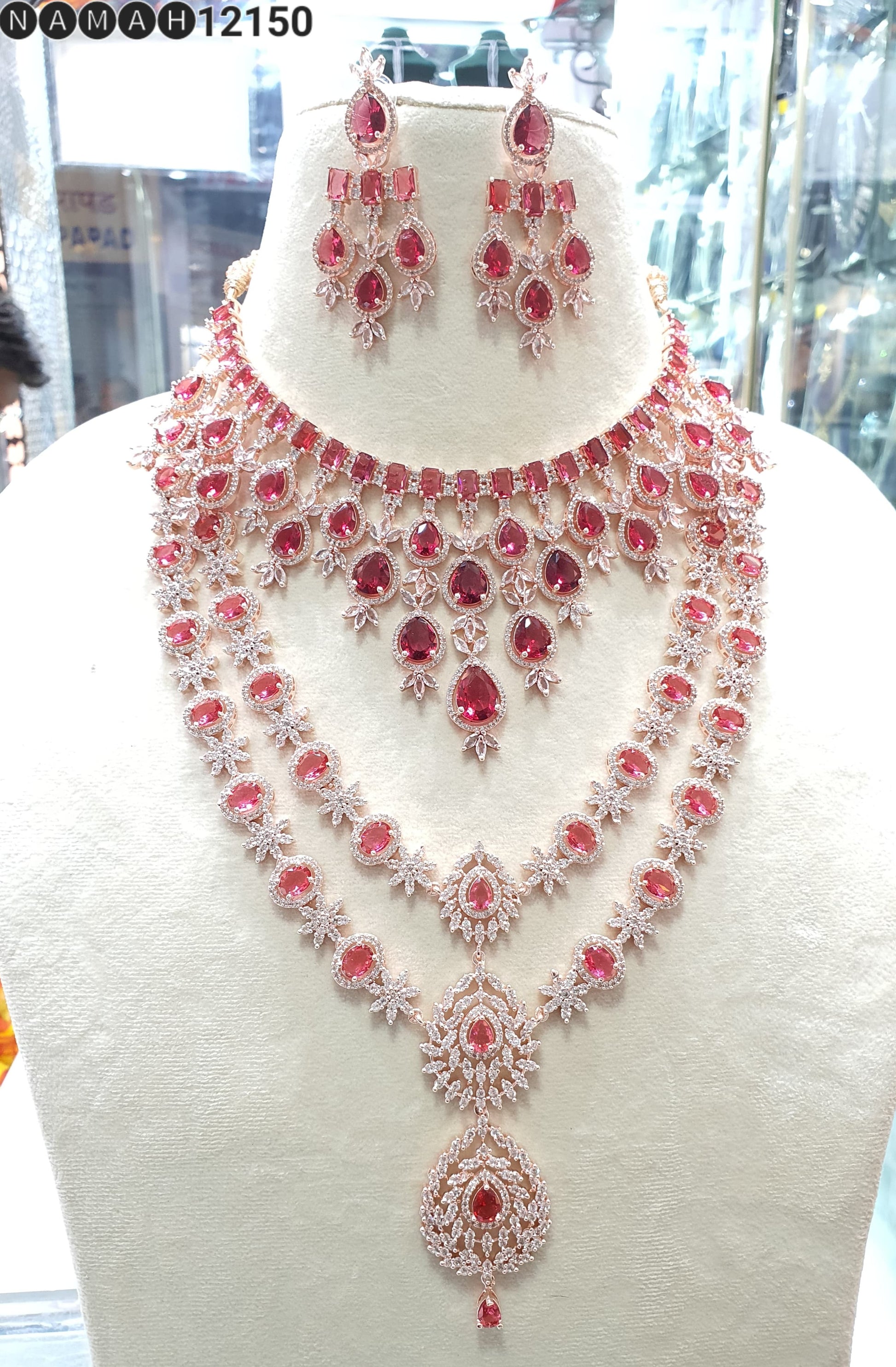 Wedding Special American Diamond Antique Stone Necklace with Earrings Jewellery