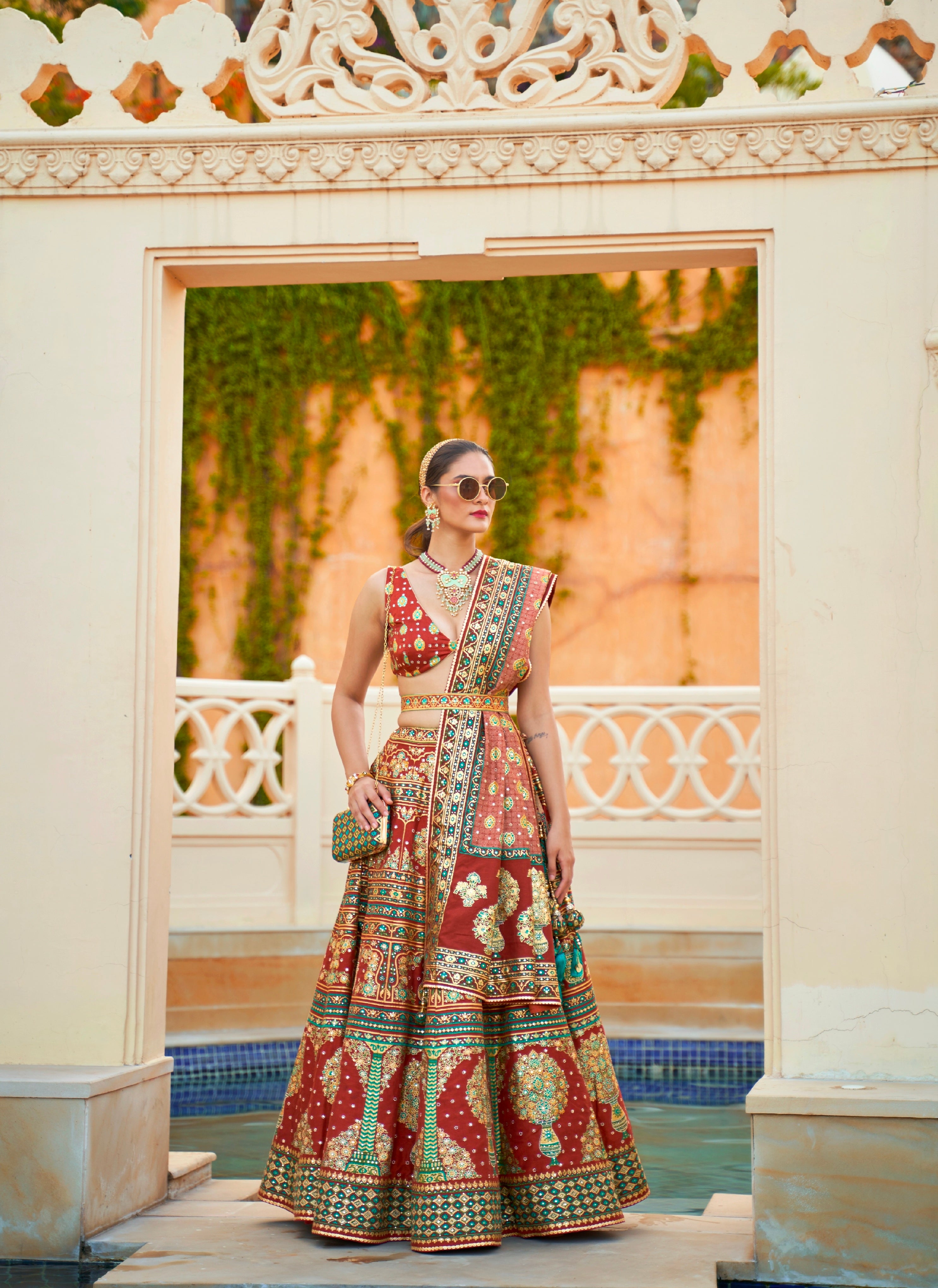 Elegant Bridal Lehenga Choli - Silk, Mirror Work & Accessories