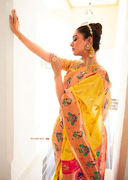 Mustard Yellow Zari Woven Traditional Paithani Silk Saree
