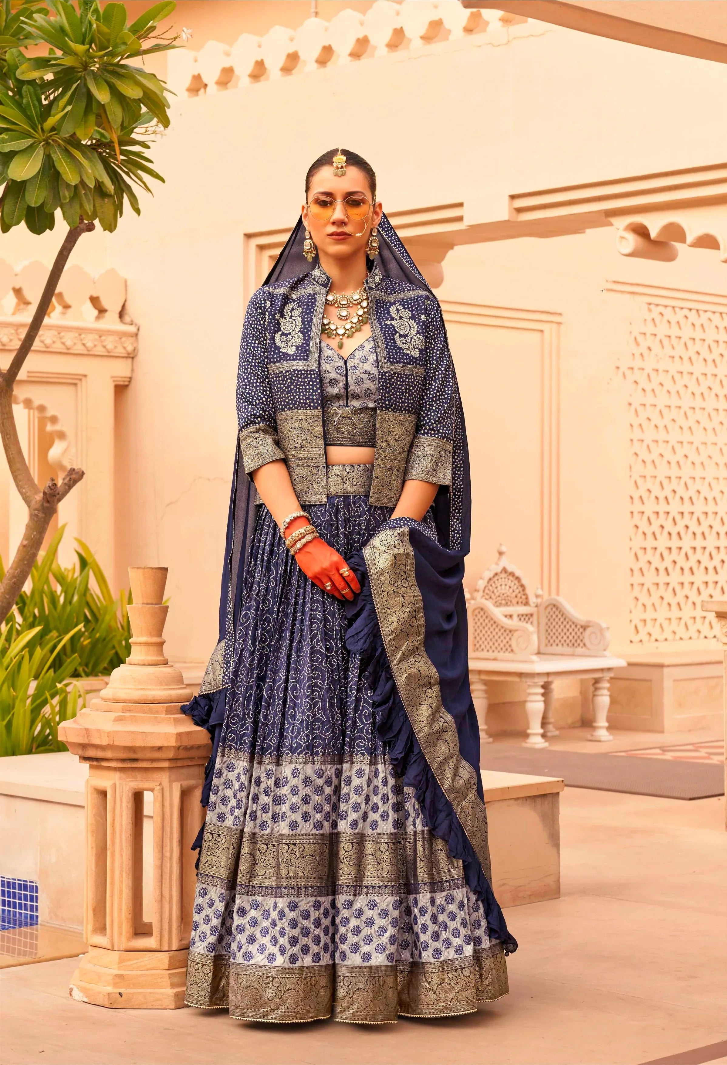 Glamorous Wedding Wear: Lehenga Choli with Shrug &amp; Dupatta