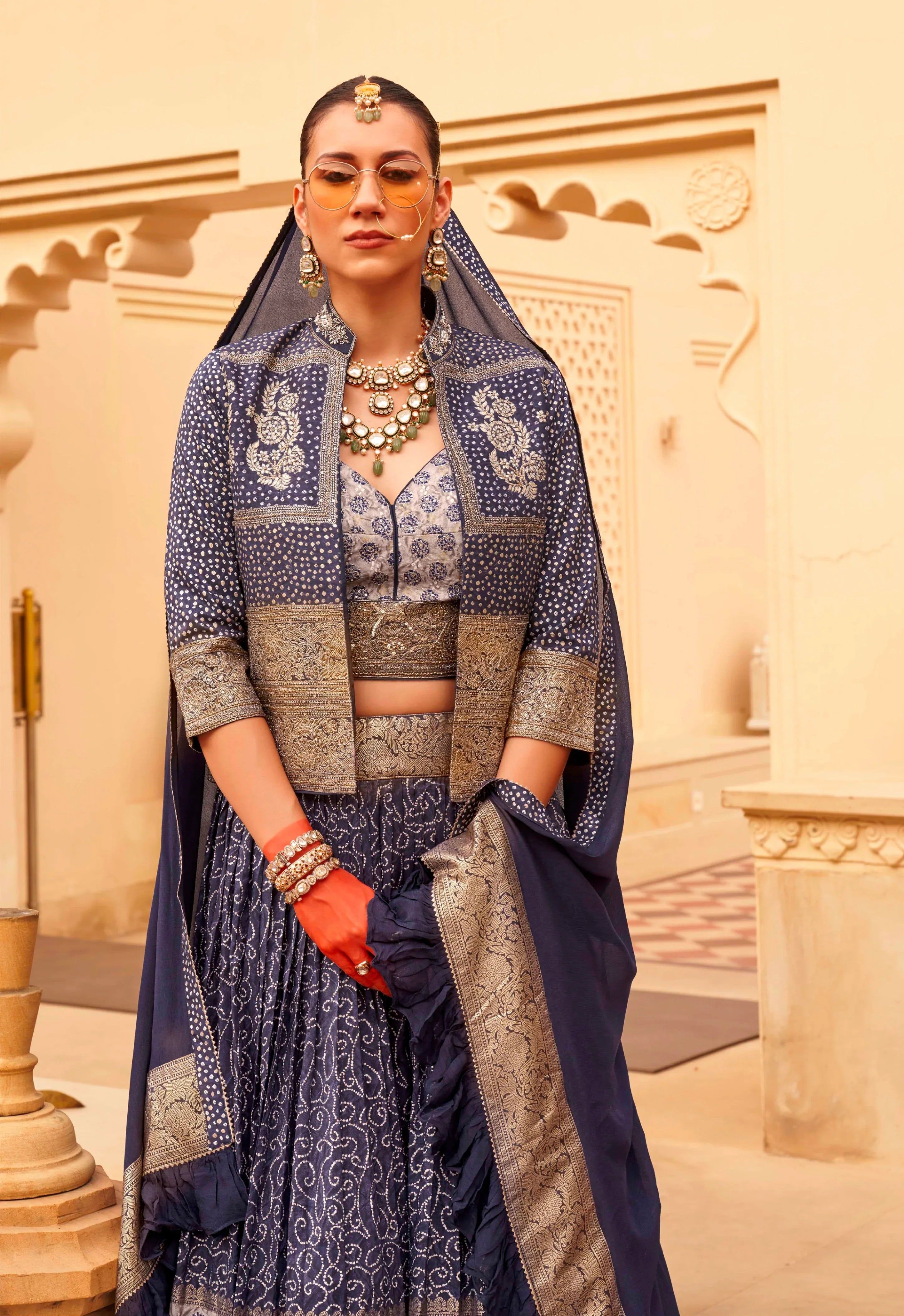Glamorous Wedding Wear: Lehenga Choli with Shrug &amp; Dupatta
