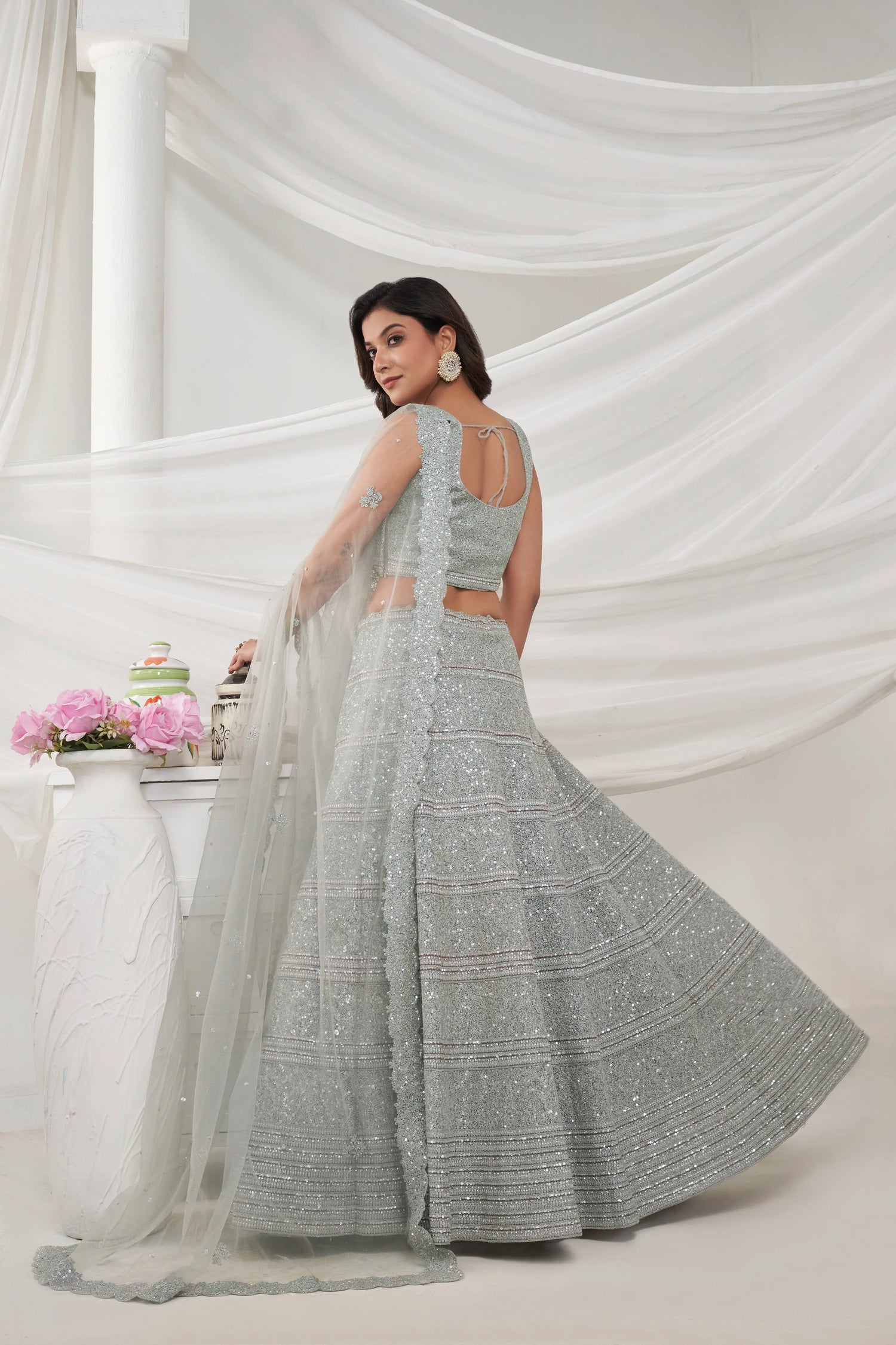 Elegant Grey Lehenga Set with Sequin &amp; Stone Embellishments