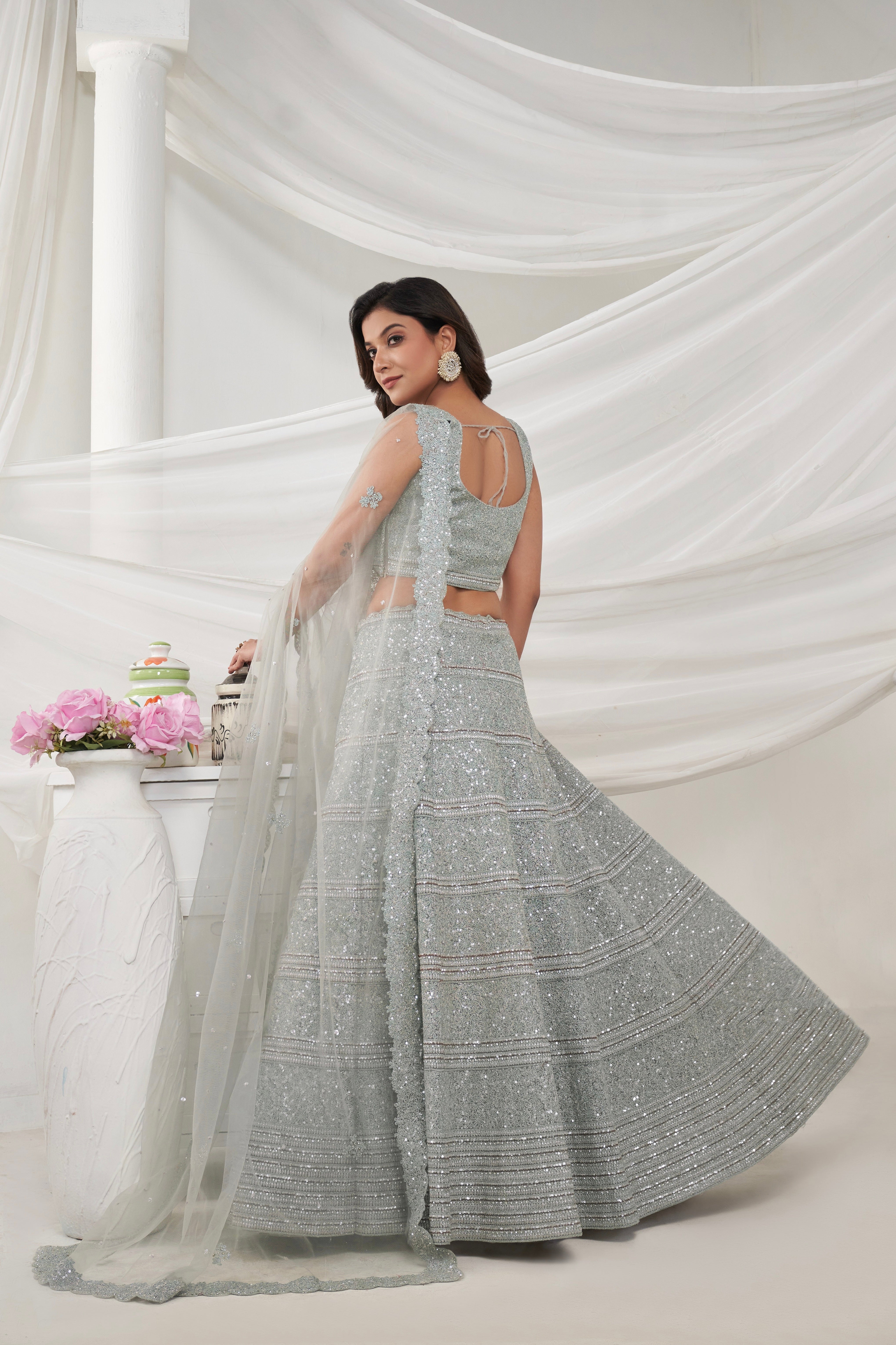 Elegant Grey Lehenga Set with Sequin & Stone Embellishments