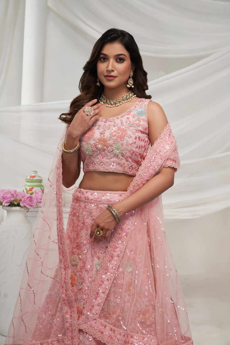 Elegant Pink Soft Net Lehenga Choli with Floral Embroidery