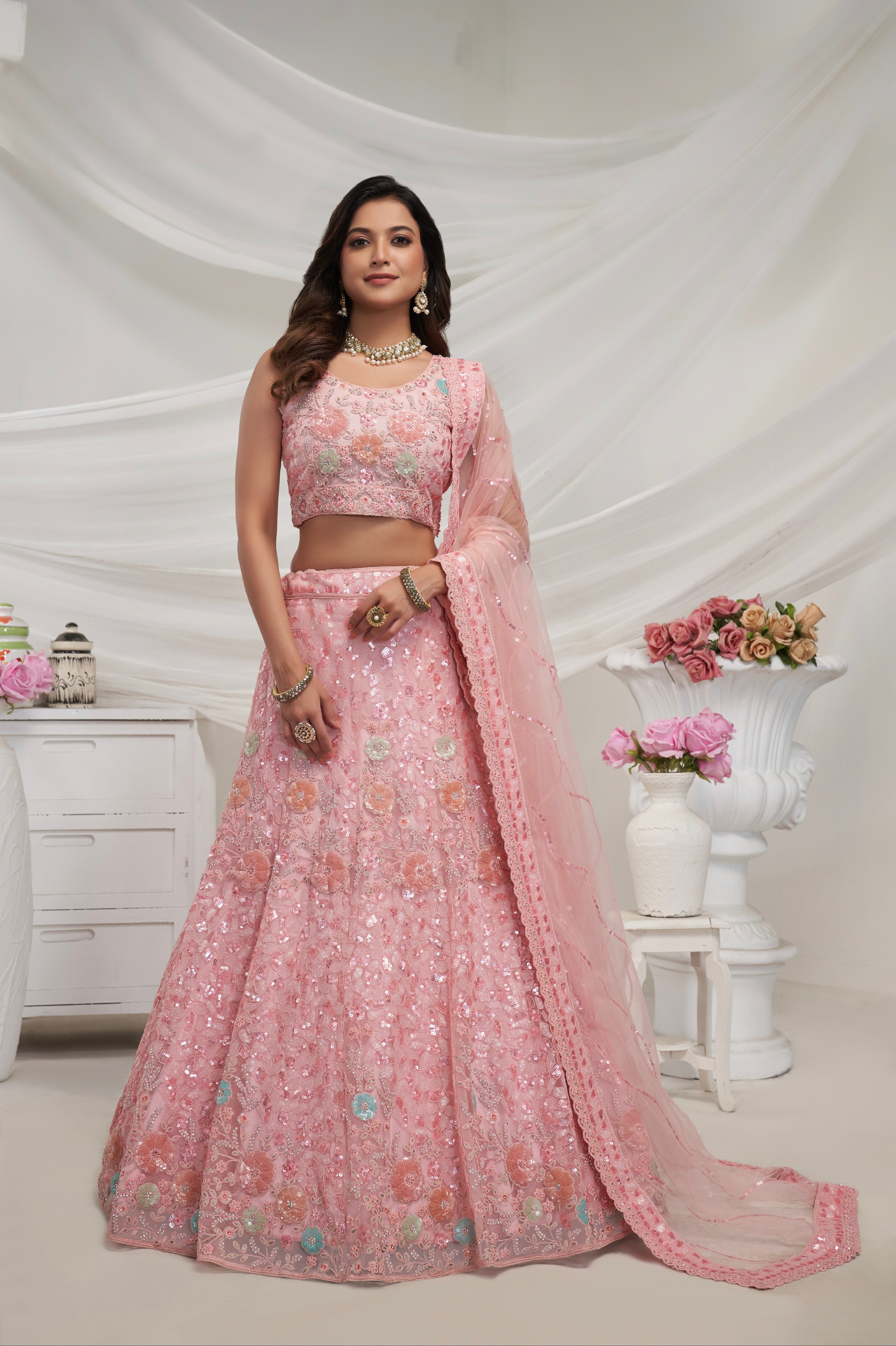 Elegant Pink Soft Net Lehenga Choli with Floral Embroidery