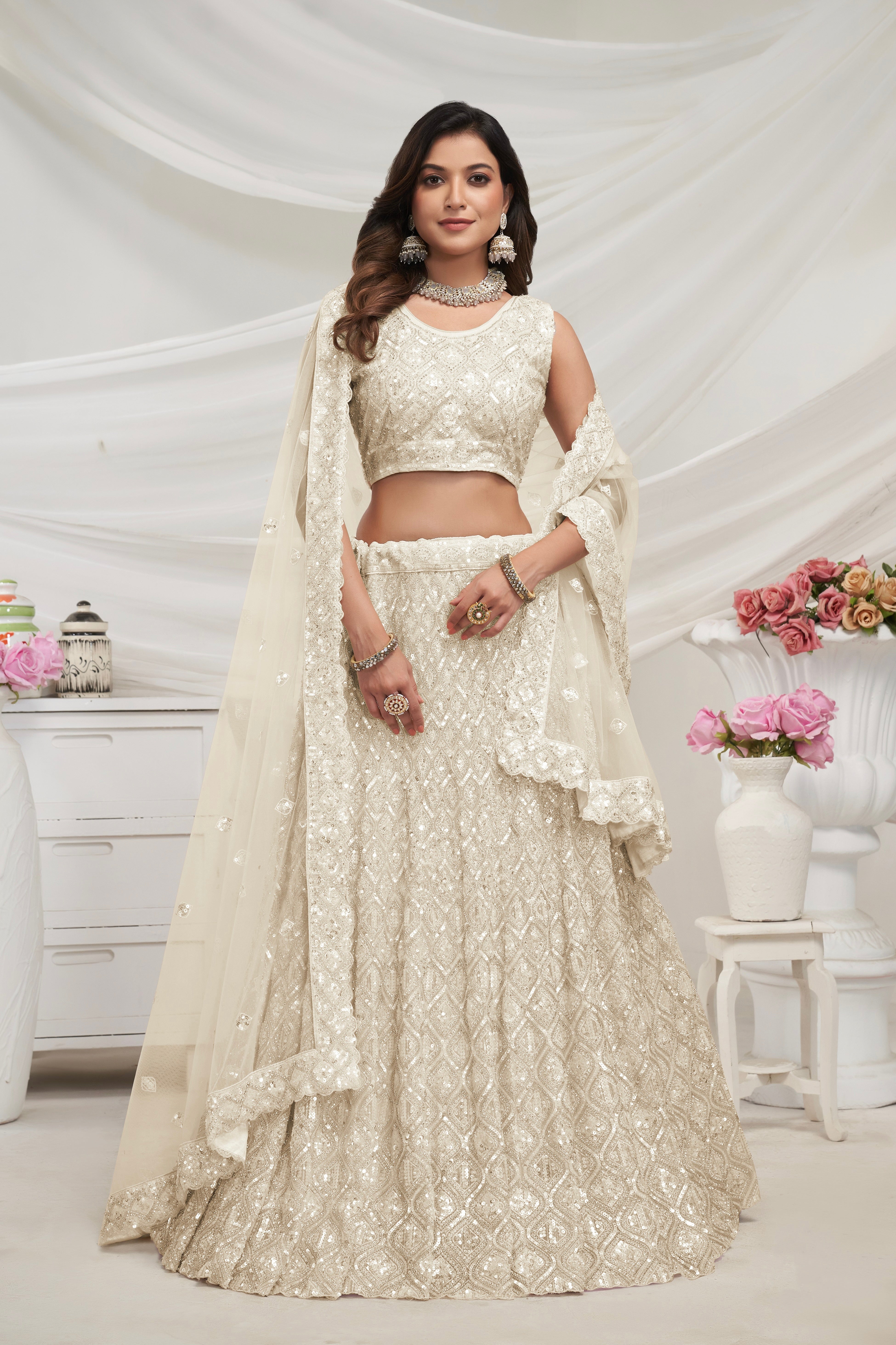 Elegant Ivory Soft Net Lehenga Choli with Diamond Sequin Work