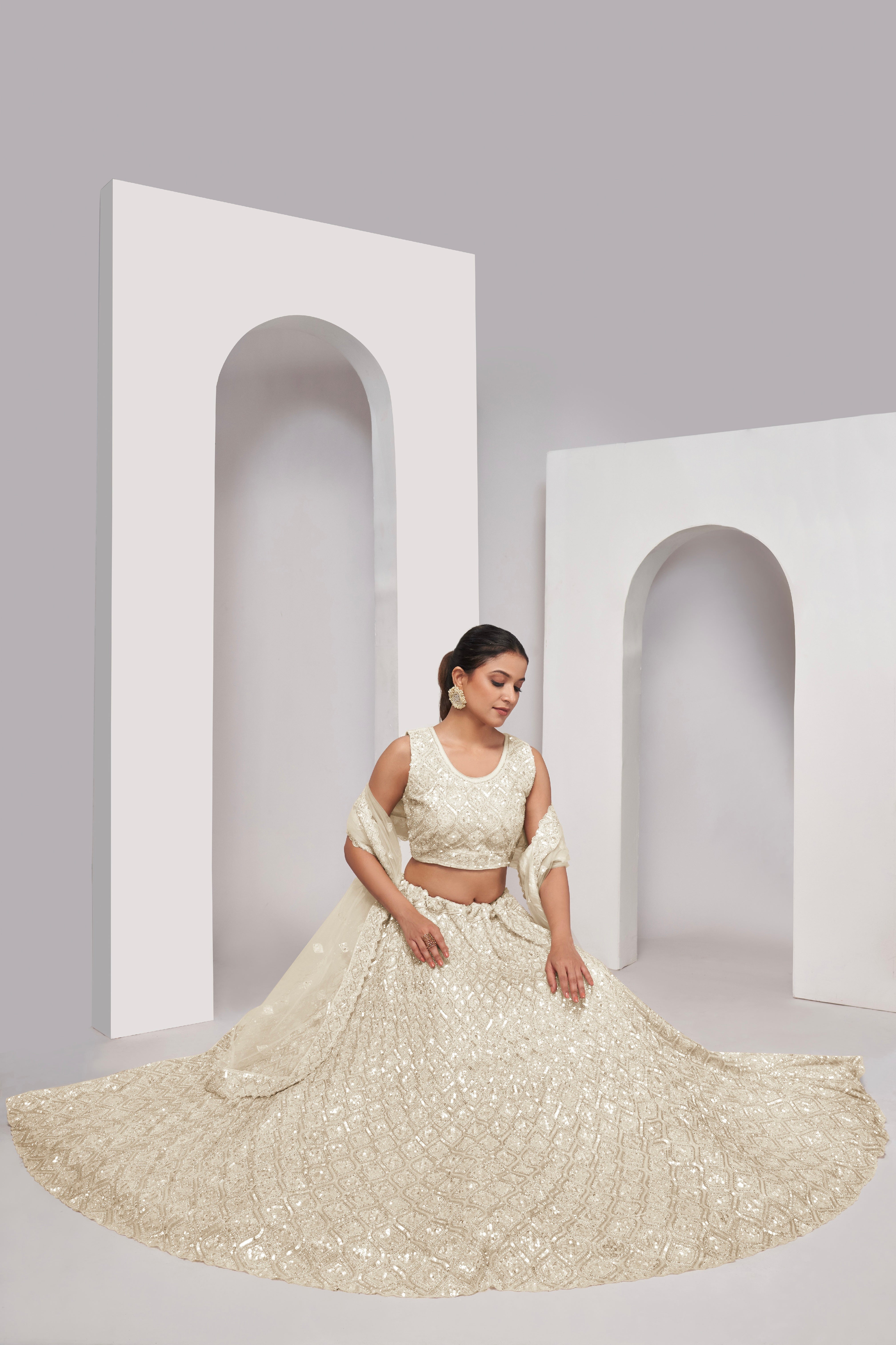 Elegant Ivory Soft Net Lehenga Choli with Diamond Sequin Work