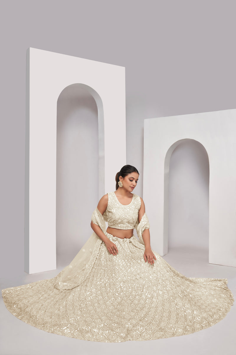 Elegant Ivory Soft Net Lehenga Choli with Diamond Sequin Work