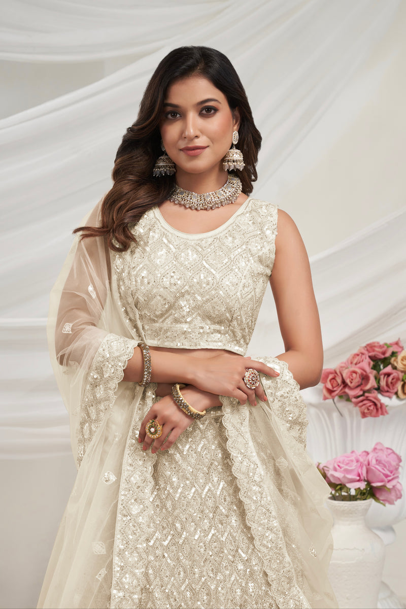 Elegant Ivory Soft Net Lehenga Choli with Diamond Sequin Work