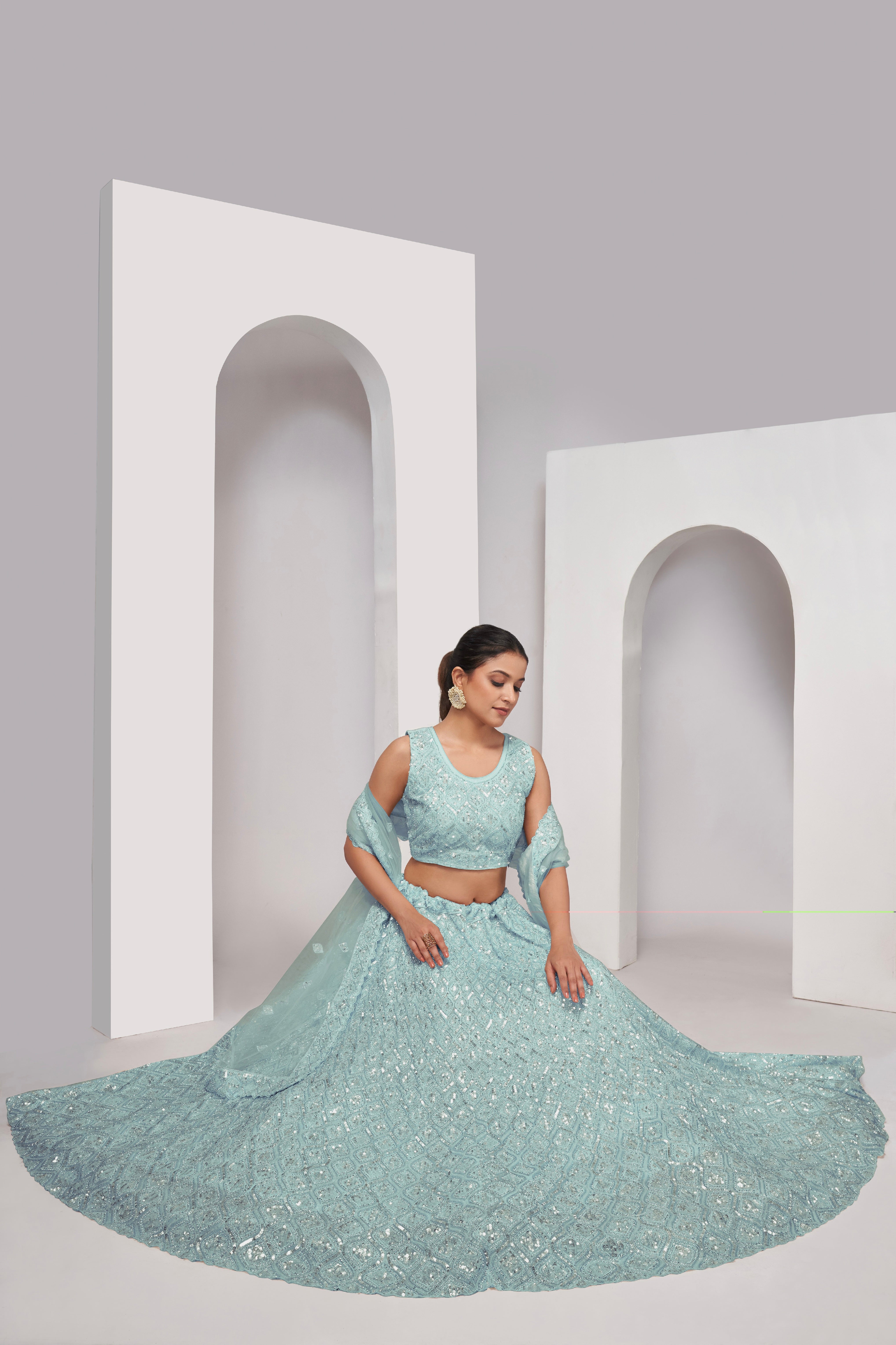 Sky Blue Soft Net Lehenga Choli Set - Diamond Sequin Embroidery