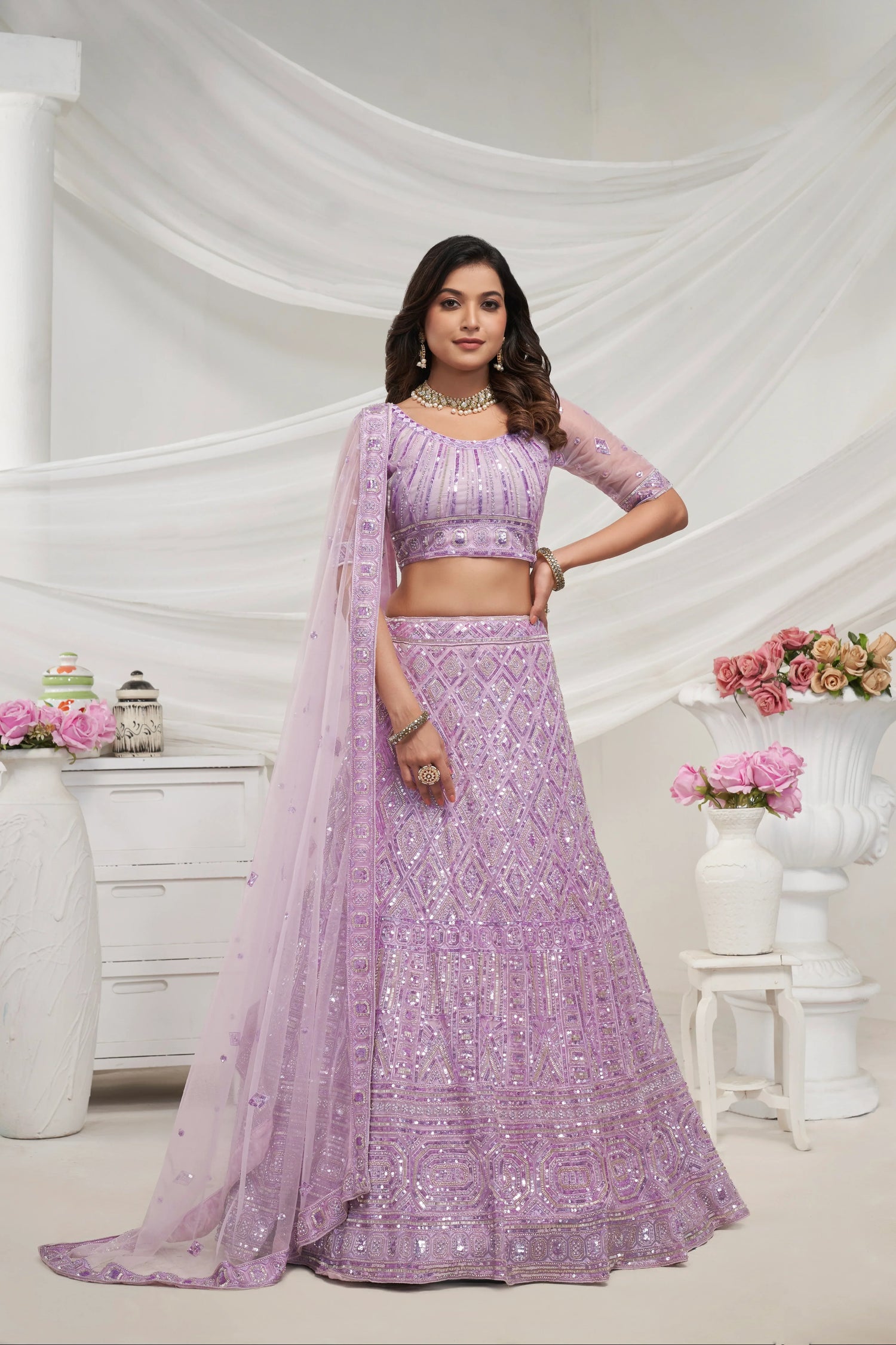 Elegant Mauve Soft Net Lehenga Choli with Pearl &amp; Diamond Sequin Work