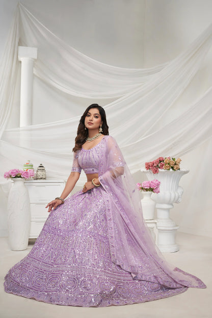 Elegant Mauve Soft Net Lehenga Choli with Pearl &amp; Diamond Sequin Work