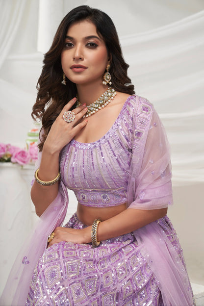 Elegant Mauve Soft Net Lehenga Choli with Pearl &amp; Diamond Sequin Work