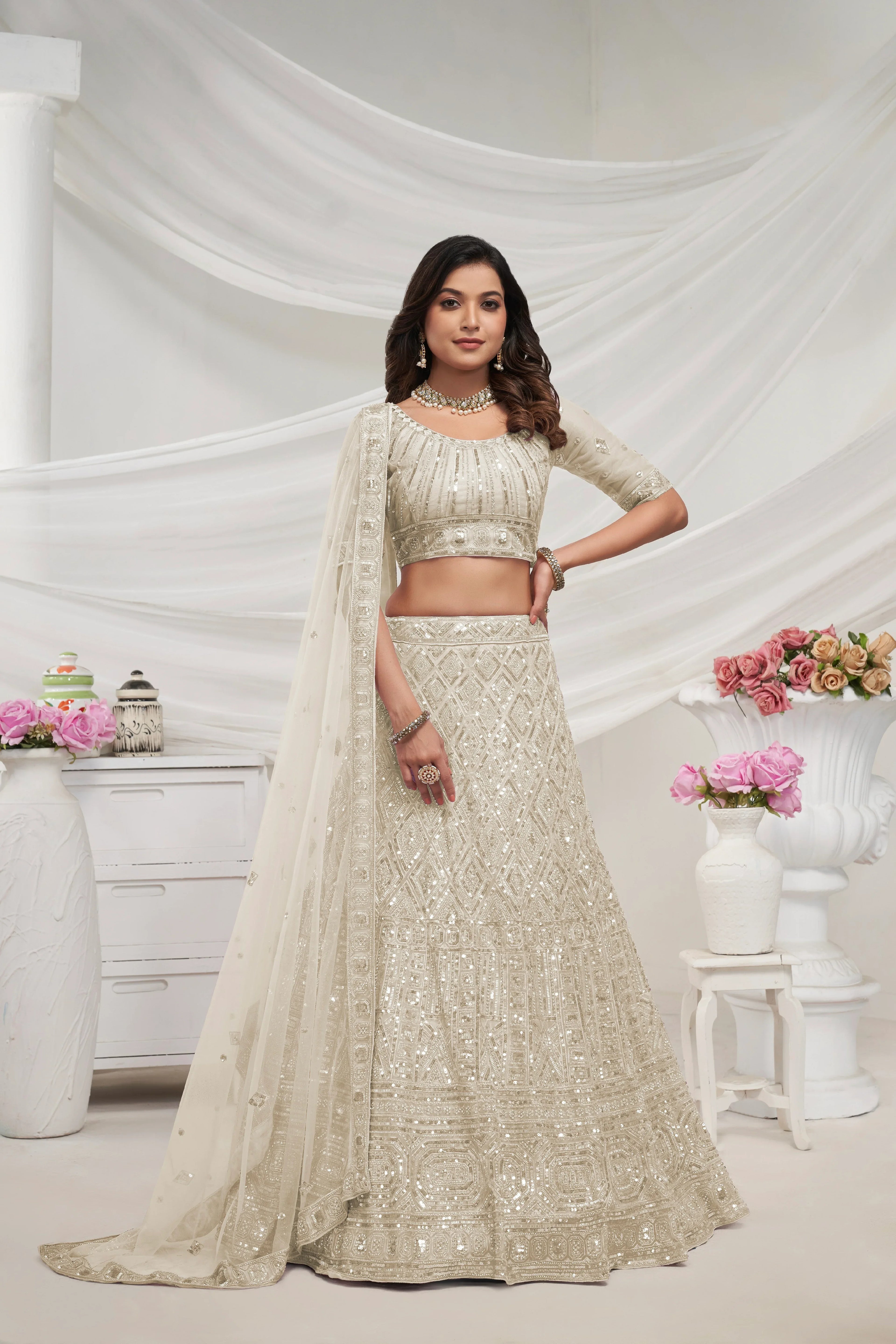Ivory Soft Net Lehenga Choli Set - Pearl &amp; Diamond Sequin Embroidery