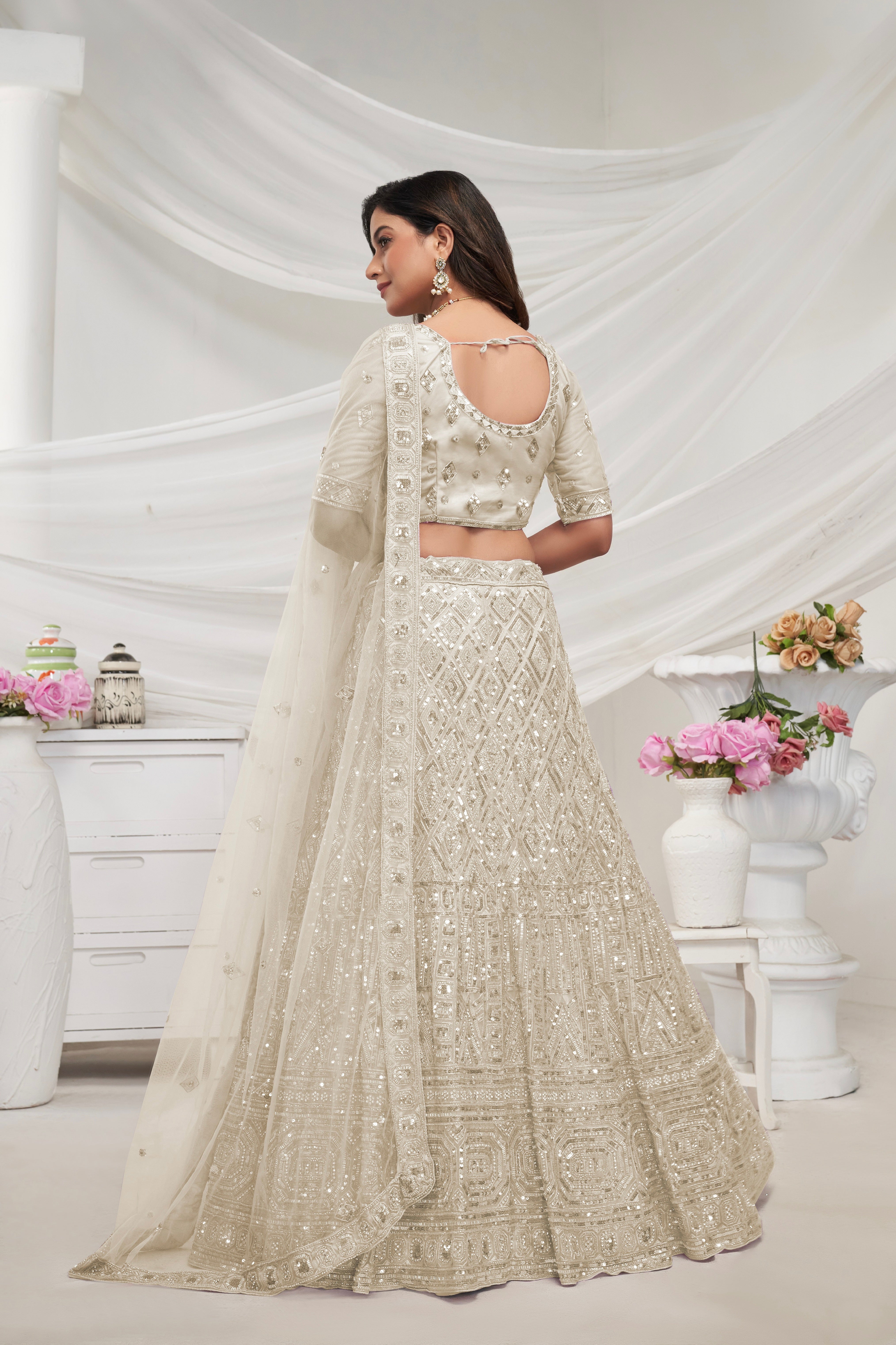 Ivory Soft Net Lehenga Choli Set - Pearl & Diamond Sequin Embroidery